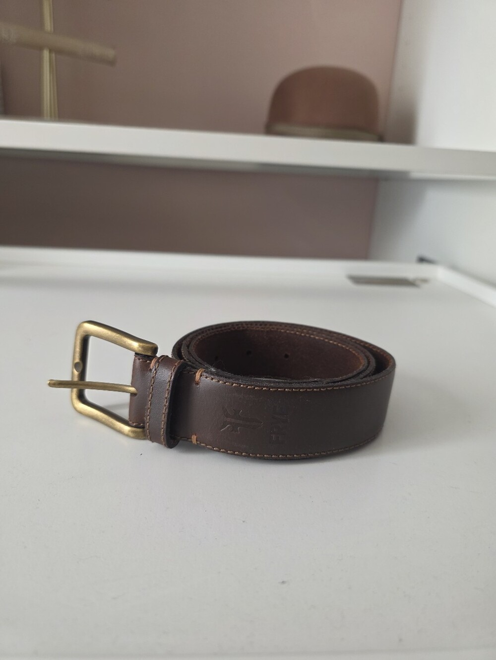 Frye Dark Brown Leather Belt with Brass Buckle